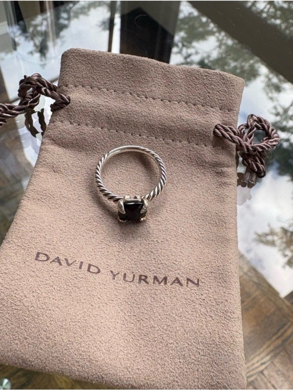 David Yurman Black Cushion Onyx Ring with Twisted Silver Band - Picture 6 of 8